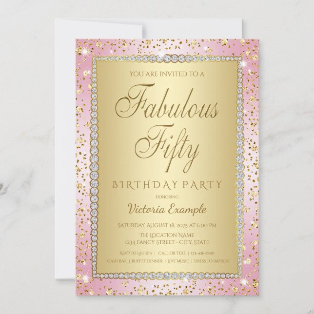Blush Rosa och Guld 50-års Födelsedagsinbjudan Inbjudningar (Framsida)
