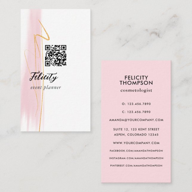 Blush Rosa och Guld Penseldrag QR-kod Visitkort (Fram/baksida)