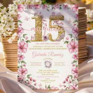 Blush Rosa och Guld Tiara Mis Quince Quinceañera Inbjudningar