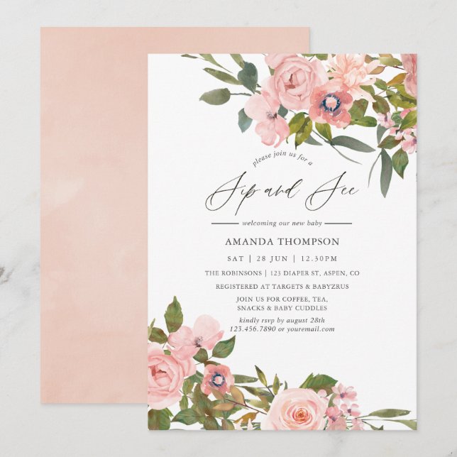 Blush Rosa och Rose Guld Rosor Sipp och Se Inbjudningar (Fram/baksida)
