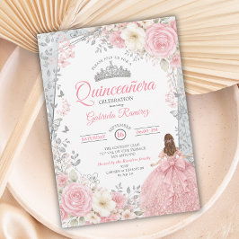 Blush Rosa och Sage Vattenfärg Silver Quinceañera  Inbjudningar