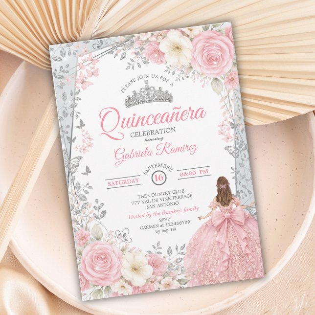 Blush Rosa och Sage Vattenfärg Silver Quinceañera  Inbjudningar (Skapare uppladdad)