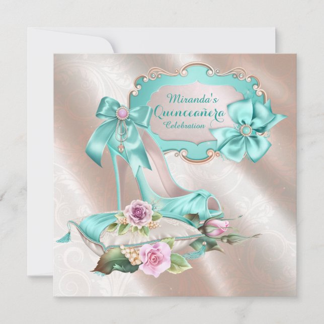 Blush Rosa och Teal Högt Klacksko Quinceanera Inbjudningar (Framsida)