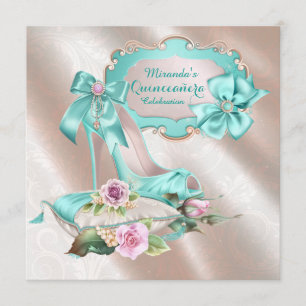Blush Rosa och Teal Högt Klacksko Quinceanera Inbjudningar