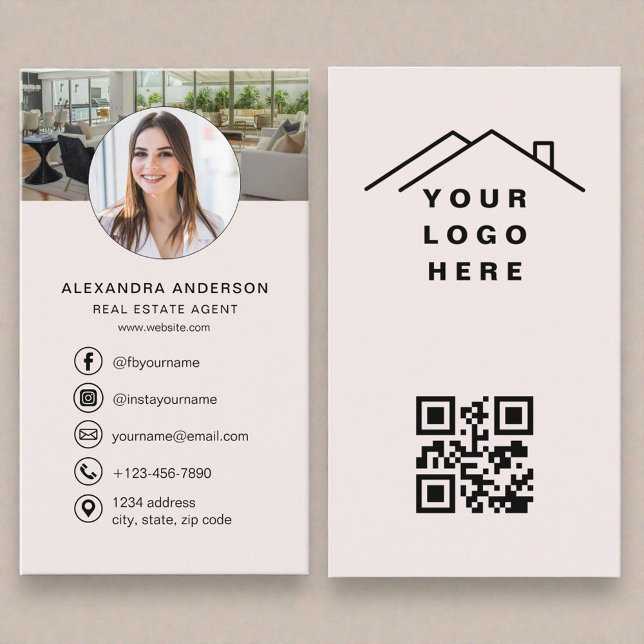 Blush Rosa QR-kod Fastighetsmäklare Foto Logotyp Visitkort (Skapare uppladdad)