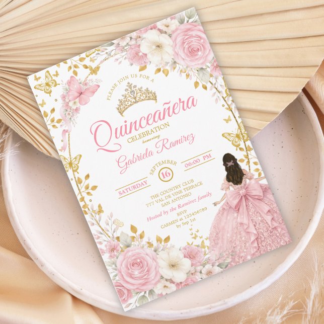 Blush Rosa Quinceañera Guld Fjäril Inbjudan (Skapare uppladdad)