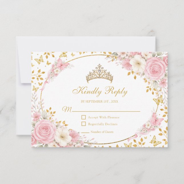 Blush Rosa Quinceañera Guld Fjäril  OSA Kort (Framsida)
