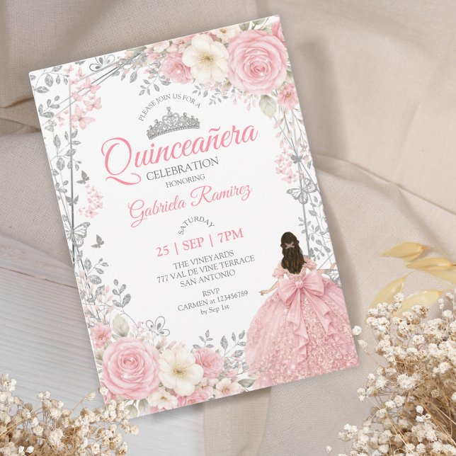 Blush Rosa Quinceañera Silver Fjärilar Inbjudningar (Skapare uppladdad)