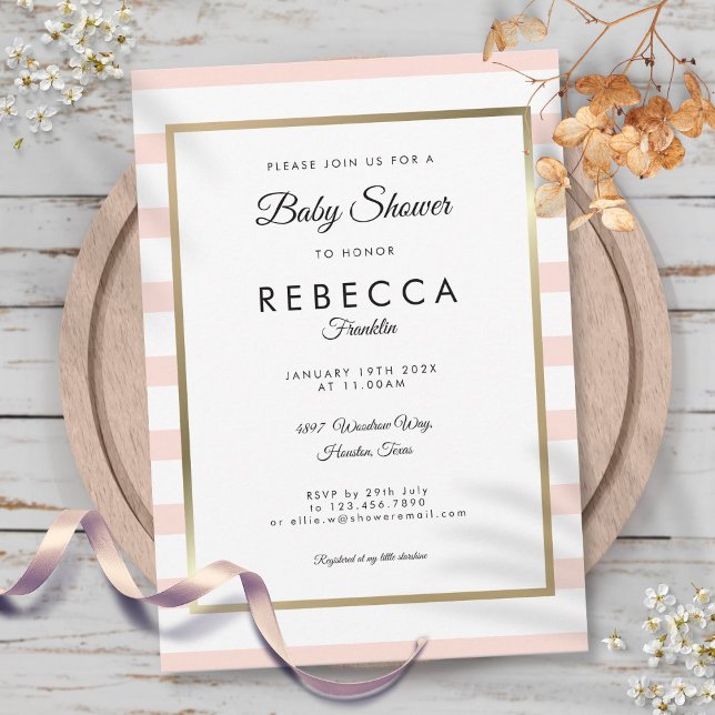 Blush Rosa Randig Guld Bebis Bebis Shower Inbjudan (Blush Pink Stripe Gold Baby Shower Invitation)