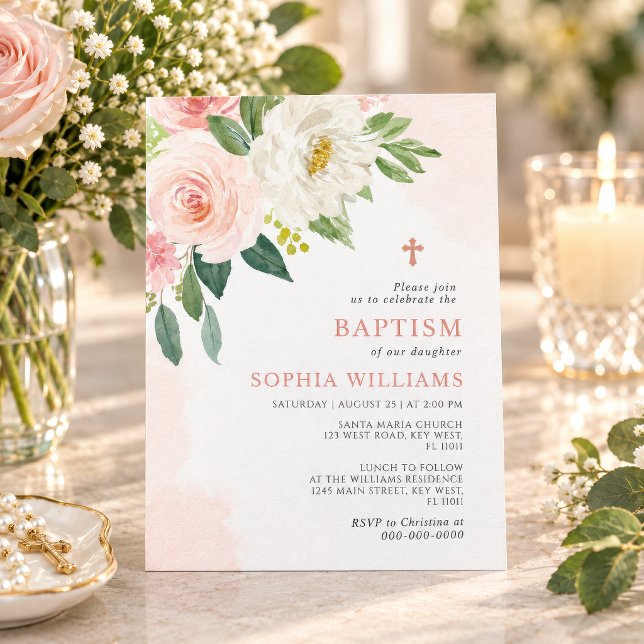 Blush Rosa Ros Blommig Dop Inbjudan (Rose Floral Baptism Invitation for Girl, blush pink and white watercolor roses, cross)
