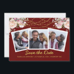 Blush Rosa Ros Blommig Guld Burgunder 3 Foto  Spara Datumet<br><div class="desc">Tre av era pars fotografier visas på en burgunderbakgrund. Blush rosa rosor och strängar av lampor skapar en elegant överkant.</div>