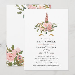 Blush Rosa & Roséguld Blommig Enhörning Baby Showe Inbjudningar