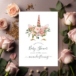 Blush Rosa & Roséguld Blommig Enhörning Baby Showe Inbjudningar