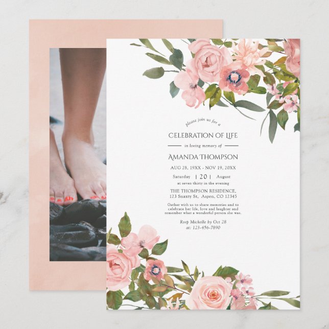 Blush Rosa & Roseguld Blommig Firande Av Livet Inbjudningar (Fram/baksida)