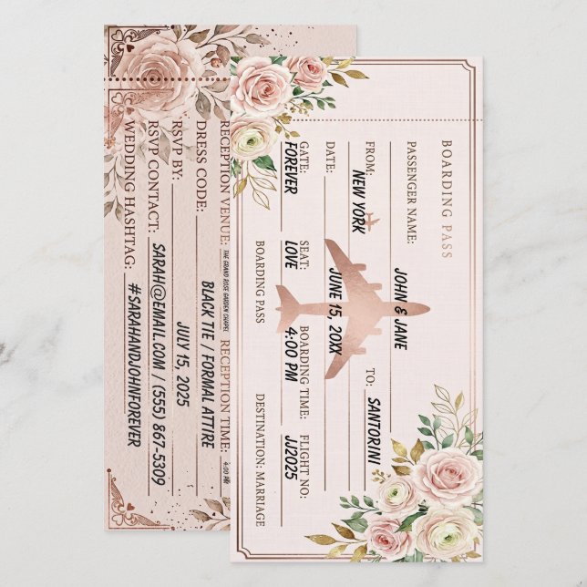 Blush Rosa & Roseguld boardingkort save the date Spara Datumet (Fram/baksida)