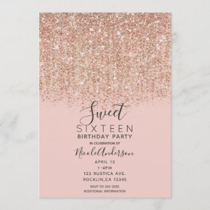 Blush Rosa & Roséguld Glitter Sweet 16-fest Inbjudningar