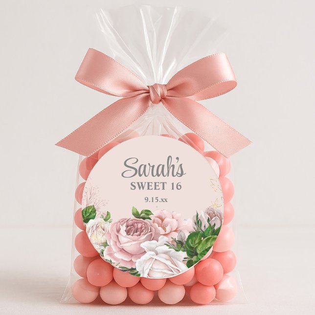 Blush Rosa Rosor Blommig Silverglitter Sweet 16  Underlägg Papper Rund (Elegant blush pink vintage roses Sweet 16 birthday favor bag sticker)