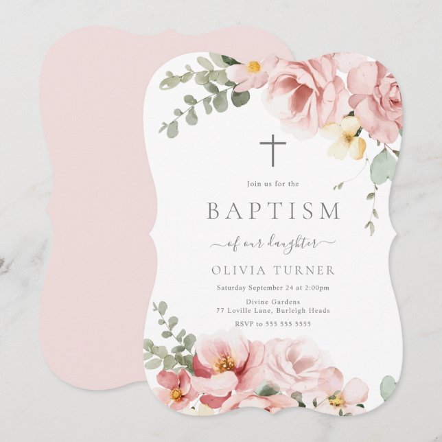 Blush Rosa & Sagegrön Blommig Dopceremoni Inbjudningar (Fram/baksida)