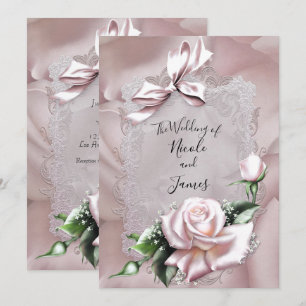 Blush Rosa Satinbåge & Ros Romantiskt Bröllop Inbjudningar