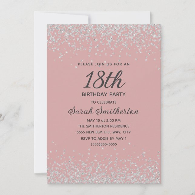 Blush Rosa Silver Diamant Glitter 18-årsfirande Inbjudningar (Framsida)