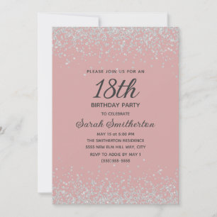 Blush Rosa Silver Diamant Glitter 18-årsfirande Inbjudningar