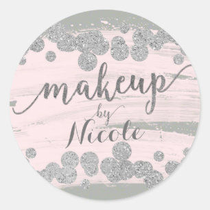 Blush Rosa Silver & Grå Glitter Prickar Smink av Runt Klistermärke