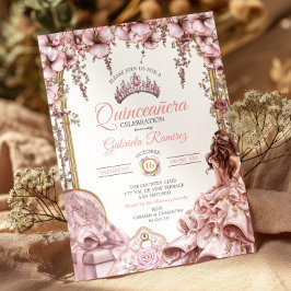 Blush Rosa Silver Tiara Blommig Quinceañera Inbjudningar