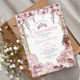 Blush Rosa Silver Tiara Blommig Quinceañera Inbjudningar
