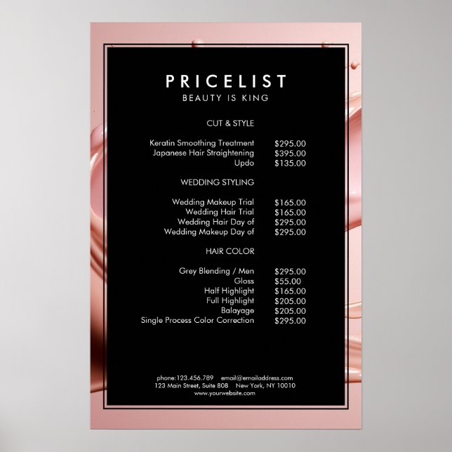 Blush Rosa Skönhetssalong Prislista  Poster (Framsidan)