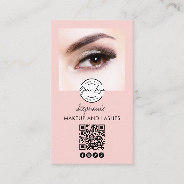 Blush Rosa Skrift Logotyp QR-kod Foto Ögonfransar  Visitkort (Framsida)