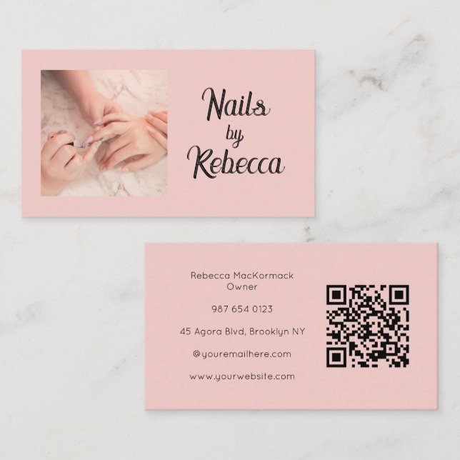 Blush Rosa Skript QR-kod Foto Nageltekniker Visitkort (Fram/baksida)