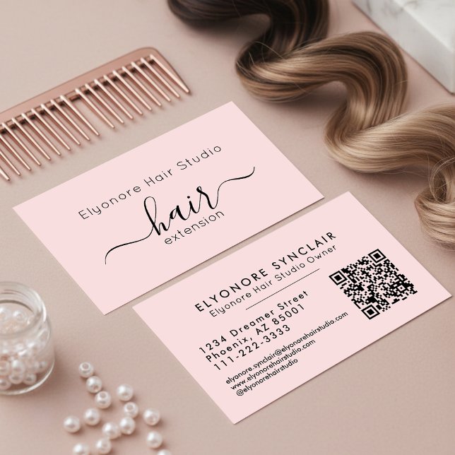 Blush Rosa Skript QR-kod Hårförlängning Visitkort (Skapare uppladdad)
