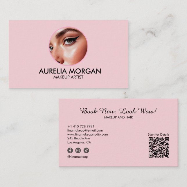 Blush Rosa Skript Socialt Ikon QR-kod Foto  Visitkort (Fram/baksida)