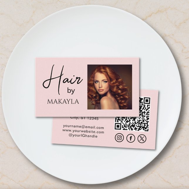 Blush Rosa Social Ikon QR-kod Foto Hårstylist Visitkort (Skapare uppladdad)