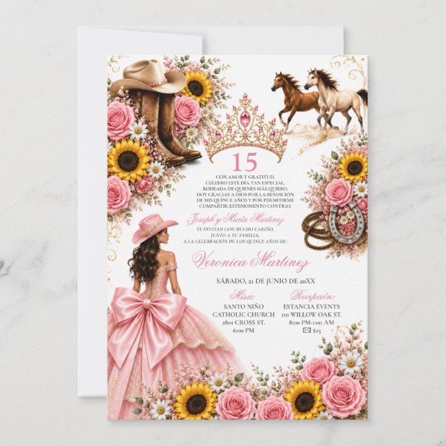 Blush Rosa Solros Ros Vaquera Quinceañera  Inbjudningar (Framsida)