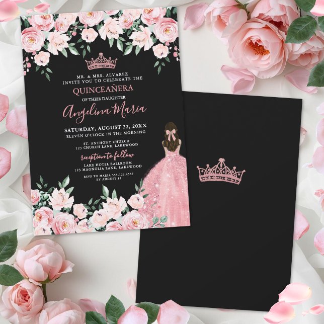 Blush Rosa Svart Quinceanera Inbjudan (Blush Pink Quinceanera Invitation)