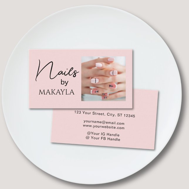Blush Rosa Svart Script Foto Nagelkonstnär Visitkort (Skapare uppladdad)