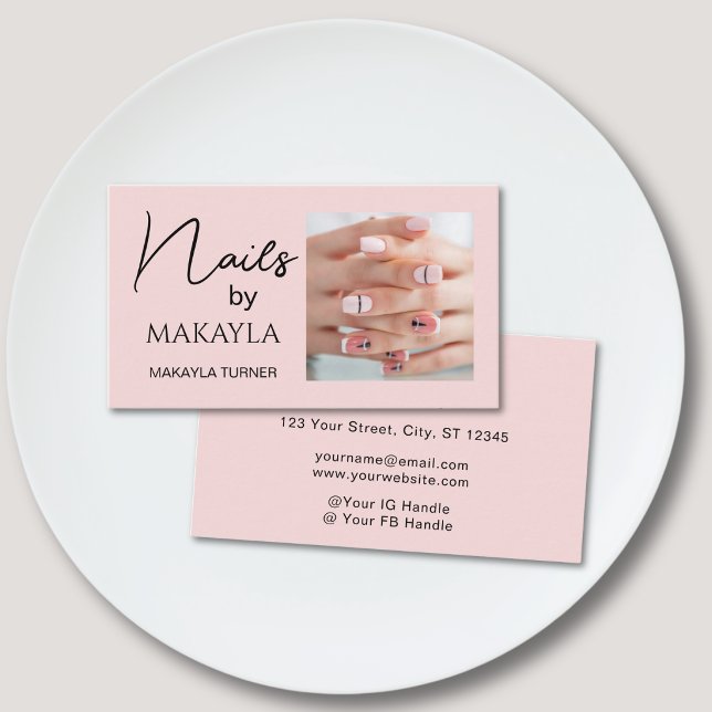 Blush Rosa Svart Script Foto Nagelkonstnär Visitkort (Skapare uppladdad)