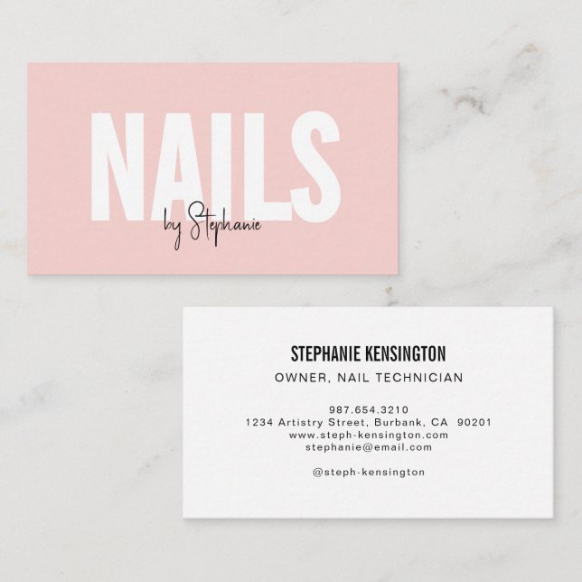 Blush Rosa Svart Script Foto Nagelkonstsalong Visitkort (Fram/baksida)