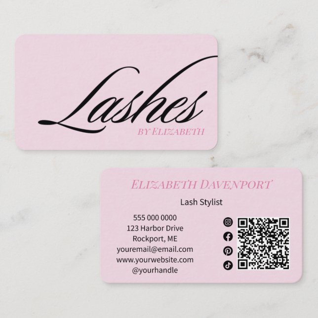 Blush Rosa Svart Script Social Icon QR-kod Ögonfra Visitkort (Fram/baksida)