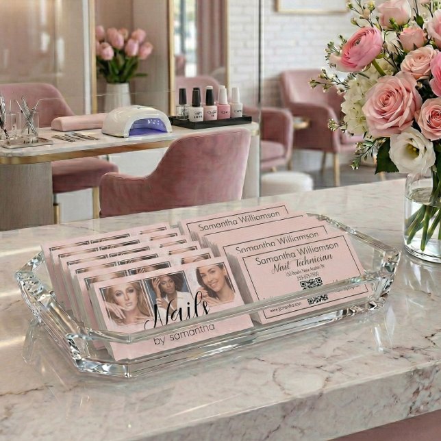Blush Rosa Svart Skript 3 Foto QR-kod Nagelteknike Visitkort (Skapare uppladdad)
