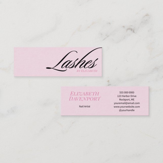 Blush Rosa Svarta Script Ögonfransar Mini Visitkort (Fram/baksida)
