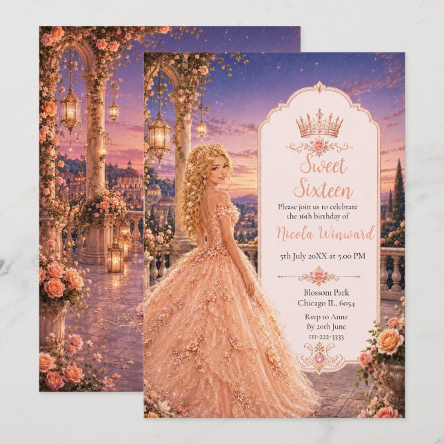 Blush Rosa Sweet 16 Prinsess Trädgård Inbjudningar (Fram/baksida)
