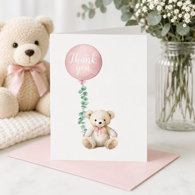 Blush Rosa Teddybjörn Tacksamhetskort Tack Kort (Pink Balloon Thank You Card)