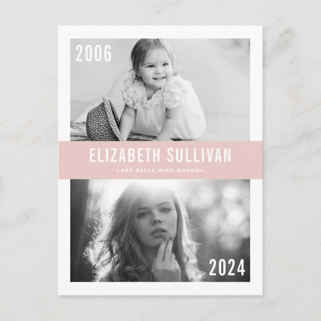 Blush Rosa Then and Now Foto Collage Examen Vykort (Framsida)