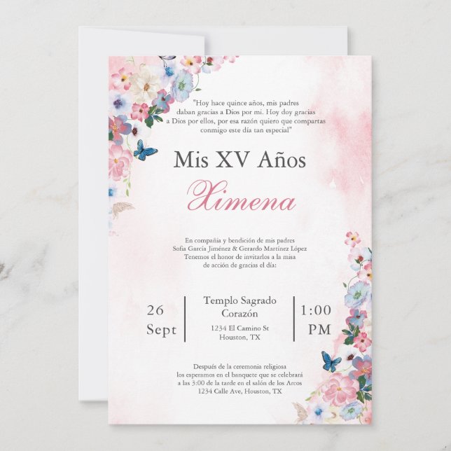 Blush Rosa Vårblomma Quinceañera inbjudan  (Framsida)