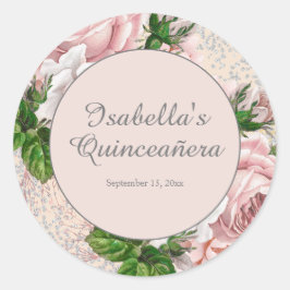 Blush Rosa Vintage Blommig Glitter Quinceañera    Runt Klistermärke
