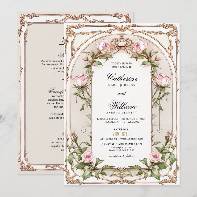 Blush Rose Art Nouveau utsmyckad ram Inbjudningar (Fram/baksida)