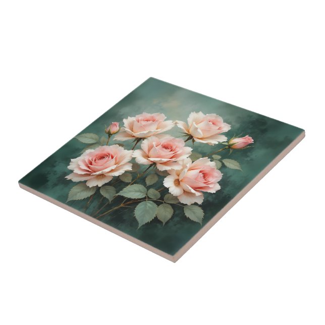 Blush Rose Elegance on Deep Jade Kakelplatta (Sidan)