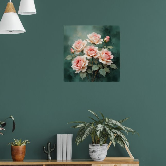 Blush Rose Elegance on Deep Jade Poster (Vardagsrum 1)